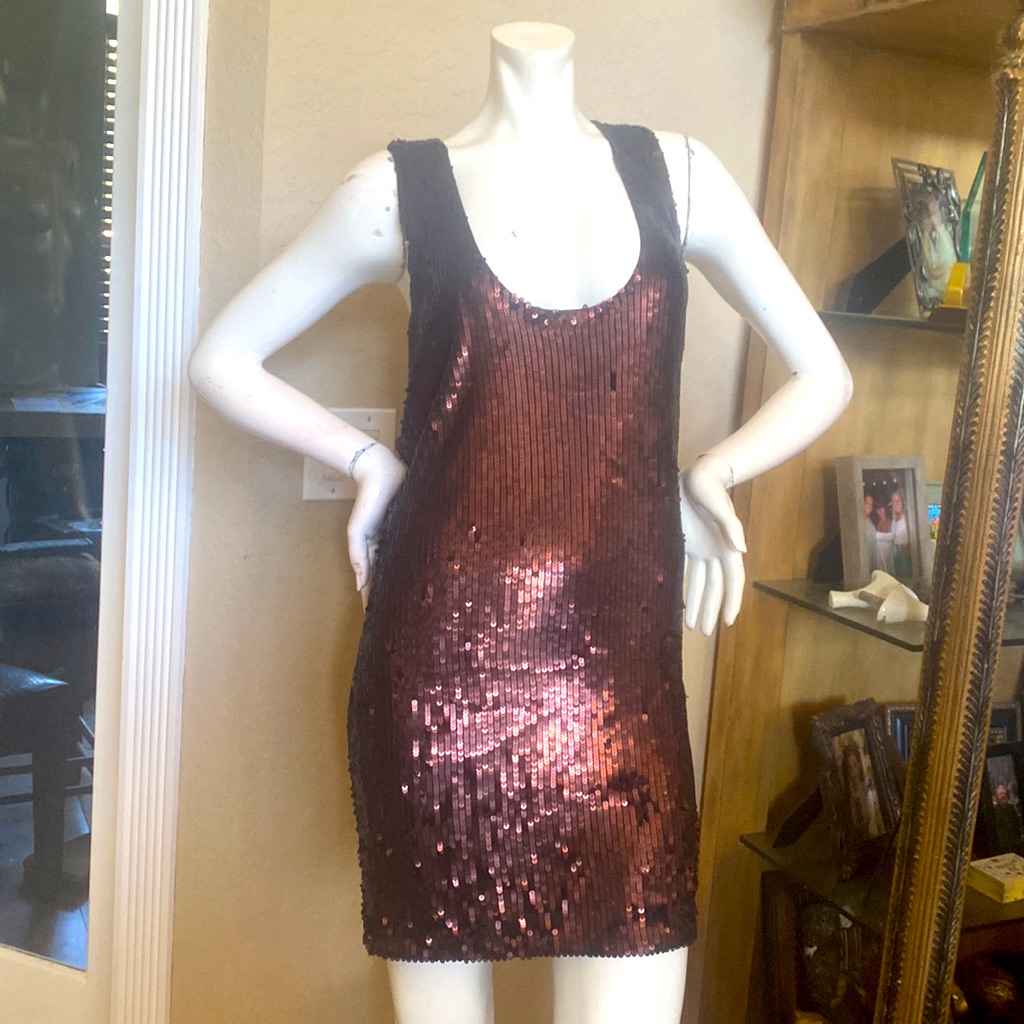 New $415 Yaya Clothing Brown Sequins Racerback Sleeveless Dress Sz L